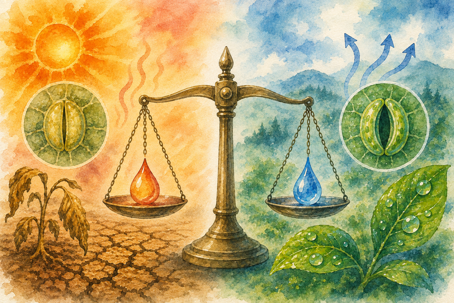 中央の天秤を挟み、乾燥条件で閉じる気孔と、高温時の蒸散冷却に対応する開いた気孔を左右に描いた文字なしの水彩イラスト。