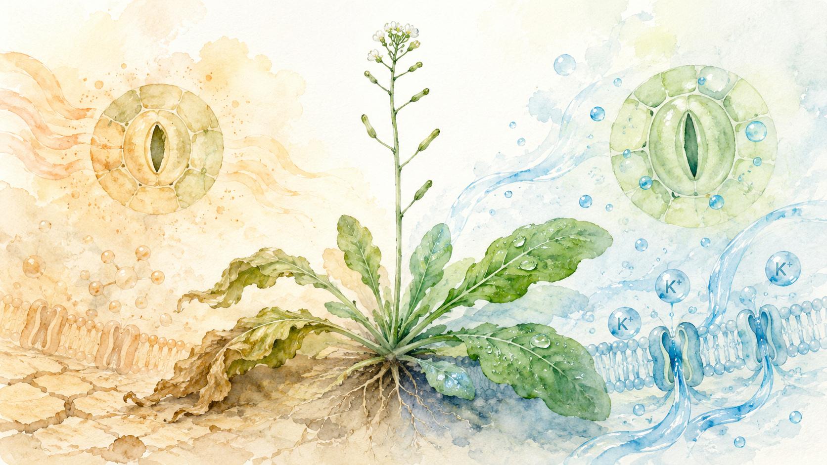 乾燥した側と潤った側に分かれたシロイヌナズナ風の植物を中心に、気孔、K⁺イオン、イオンチャネルを水彩画調で描いた次世代バイオスティミュラントの概念図