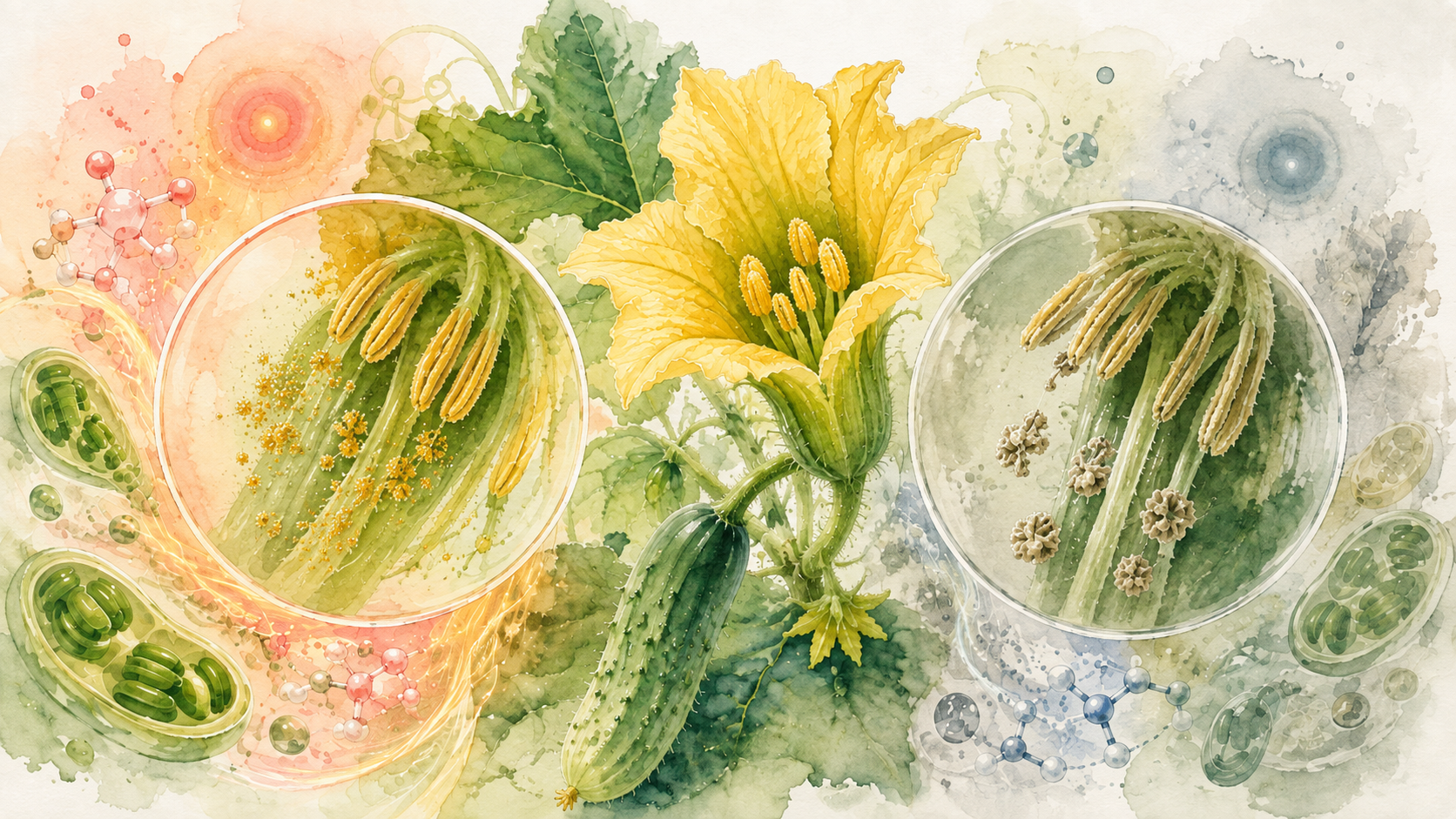 キュウリの雄花と葯・花粉を水彩画調で描いたイメージ。CsHXK3欠損による花粉形成異常を表現。