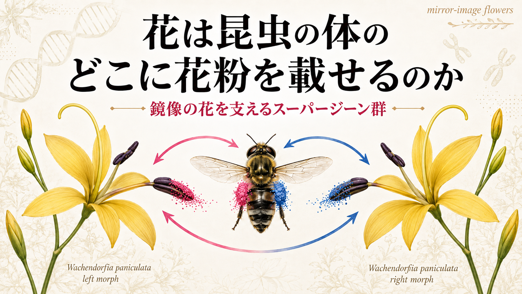 左右に反転したWachendorfia paniculataの花と、体の左右に花粉を付着させた送粉昆虫を示す概念図