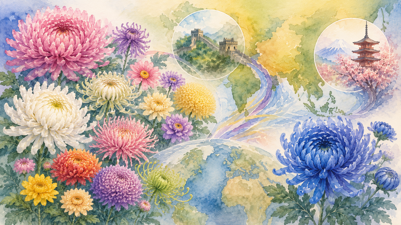 多様な花型と花色のキク、中国と日本を中心とした地域的なつながり、青いキクを描いた文字なしの水彩画調イラスト。