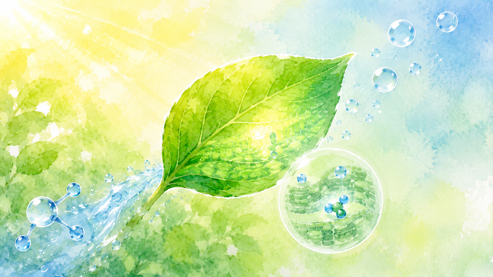 A watercolor illustration of a green leaf, flowing water, chloroplast-like internal structures and oxygen bubbles, symbolizing the conversion of water to oxygen in photosynthesis.
