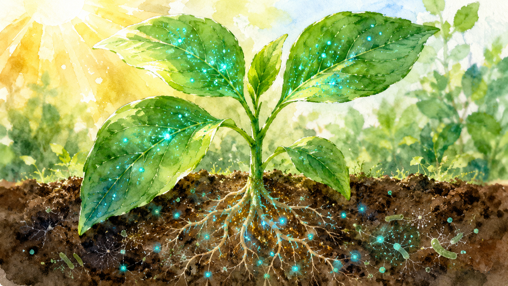 植物の葉と根圏に広がるカーボンドットの作用を表現した、水彩画調の植物と土壌・微生物のイメージ