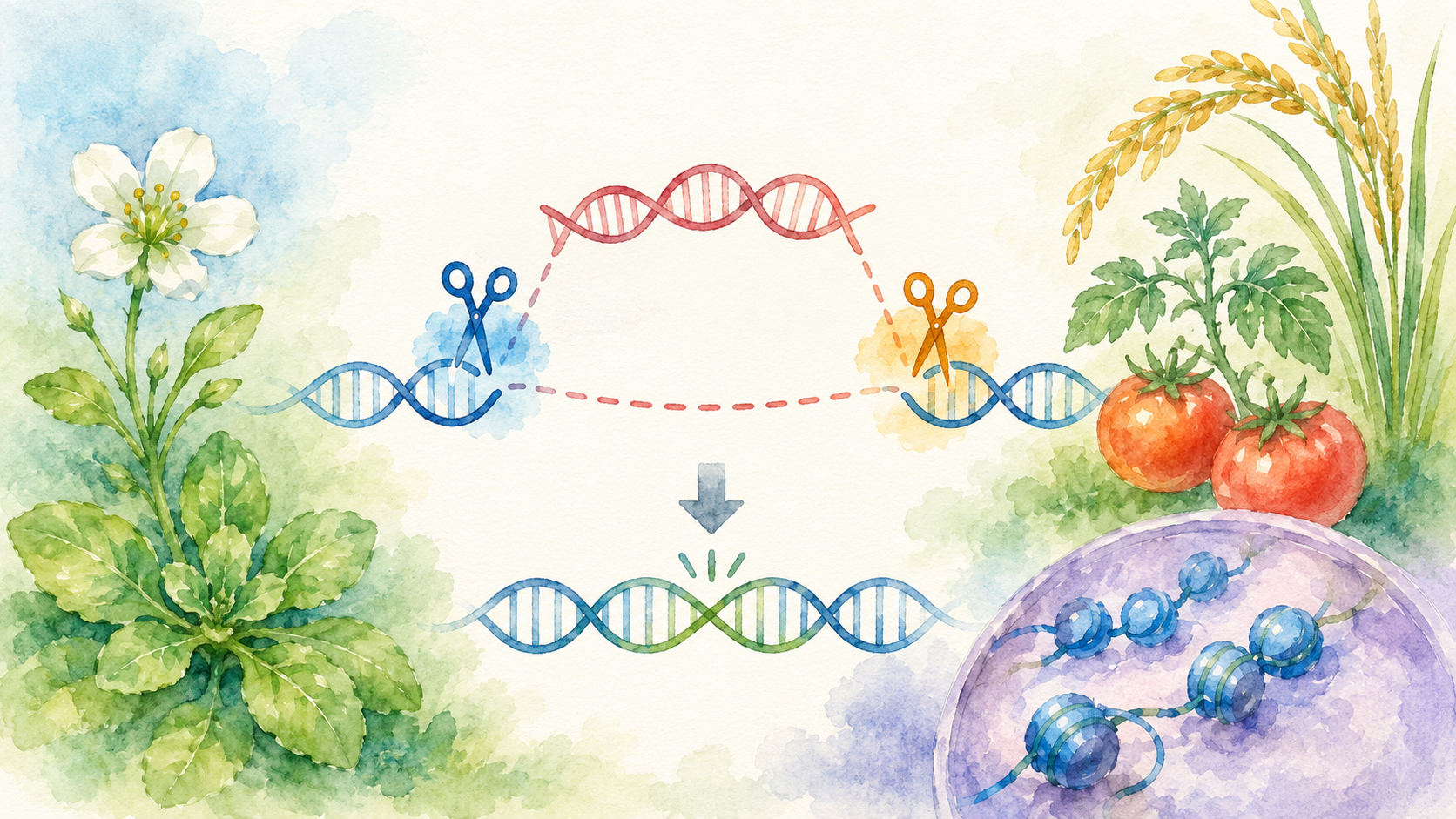 2本のgRNAでDNA領域を挟み、介在配列を欠失させる概念を植物とクロマチンとともに描いた文字なしの水彩画