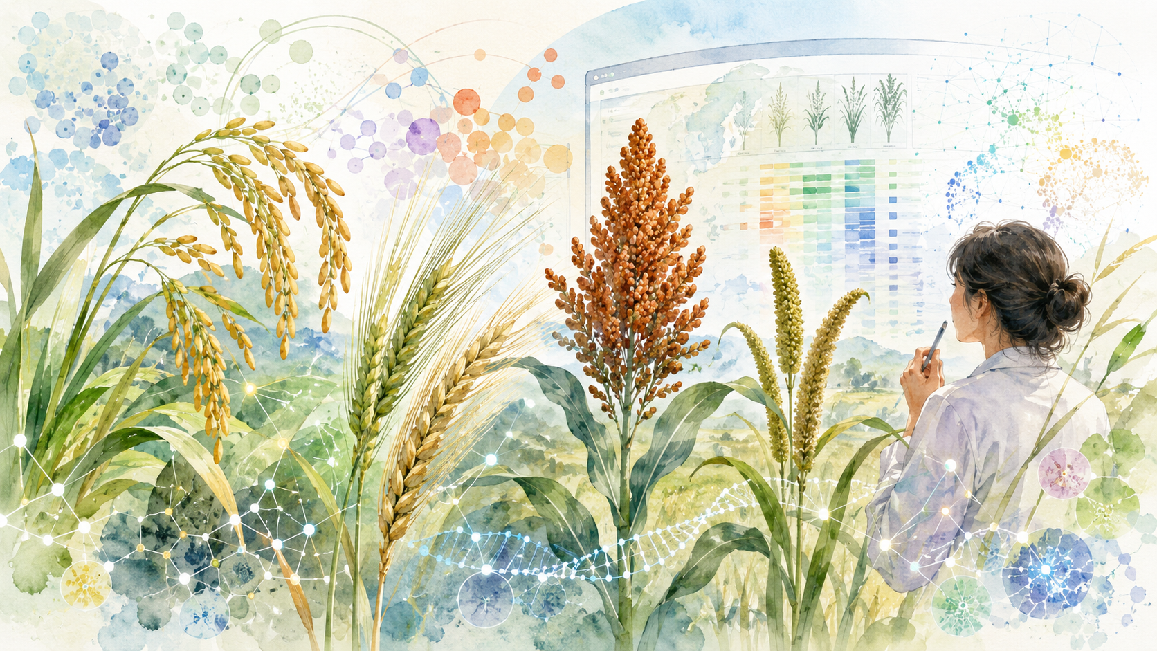 Grass crops and a researcher exploring RNA-seq expression data, watercolor illustration
