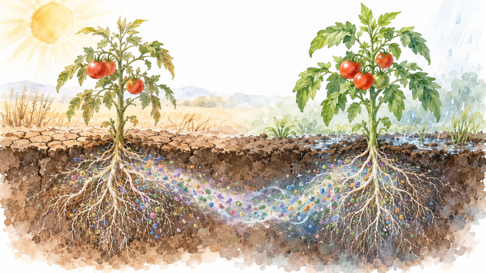 干ばつを経験した耐性トマトの根圏微生物と、別のトマトの干ばつ後回復を示す水彩画