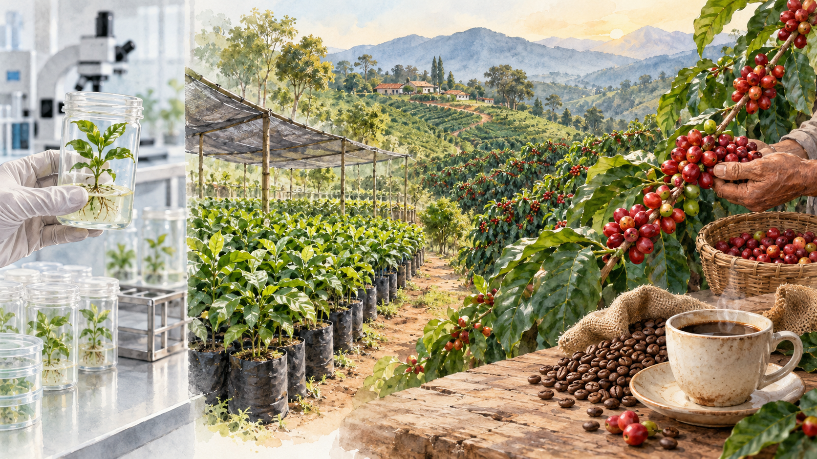 Watercolor illustration showing coffee F1 propagation from tissue culture and nursery seedlings to a coffee farm, harvested cherries and a cup of coffee