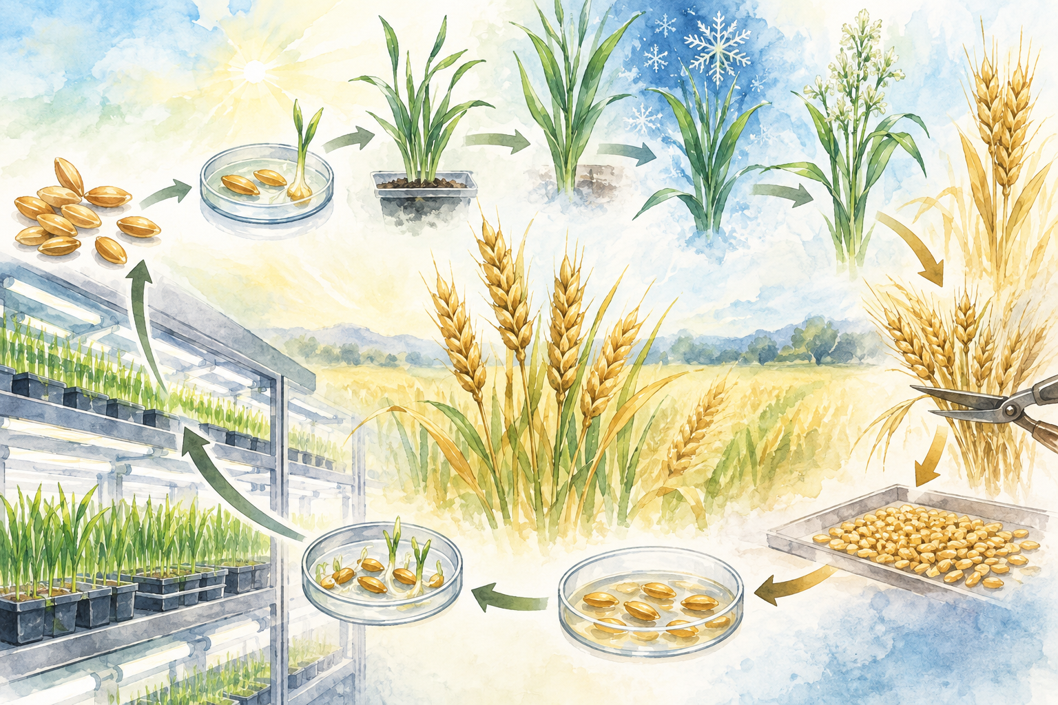 コムギの発芽、春化、開花、早期収穫、種子処理、次世代までを描いたSpeed Breedingの水彩画